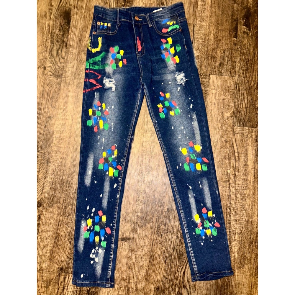 Classic Jeans Eterno Paint Splatter Distressed Slim Denim Blue Multi Size 160
